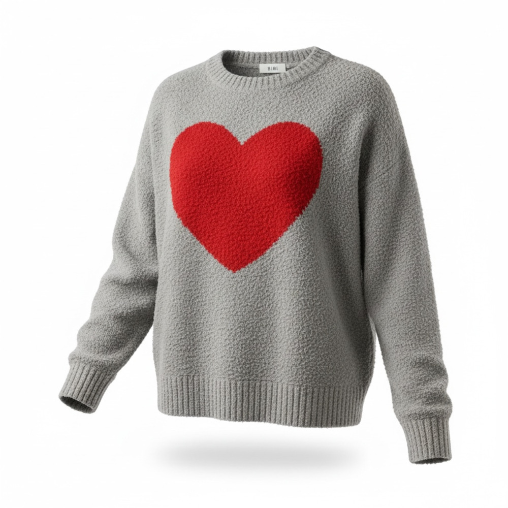 BiBi Heart Sweater Size S Gray Red Pullover